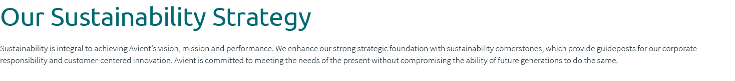 Our Sustainability Strategy Sustainability is integral to achieving Avient’s vision, mission and performance. We enha...